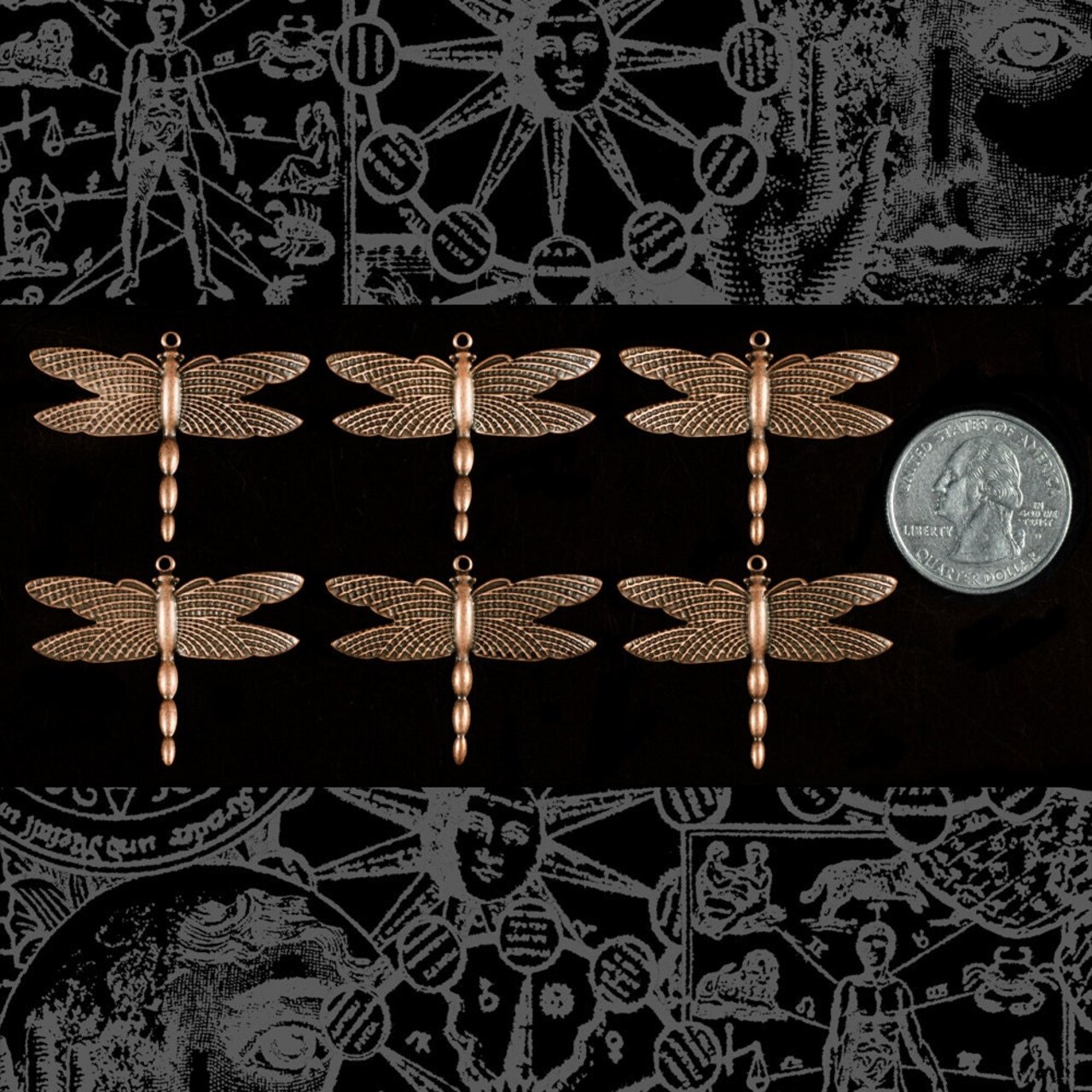 Antiqued Copper Plated Brass Dragonfly with Uplifted Wing Pendants - Set of Four - C-P66